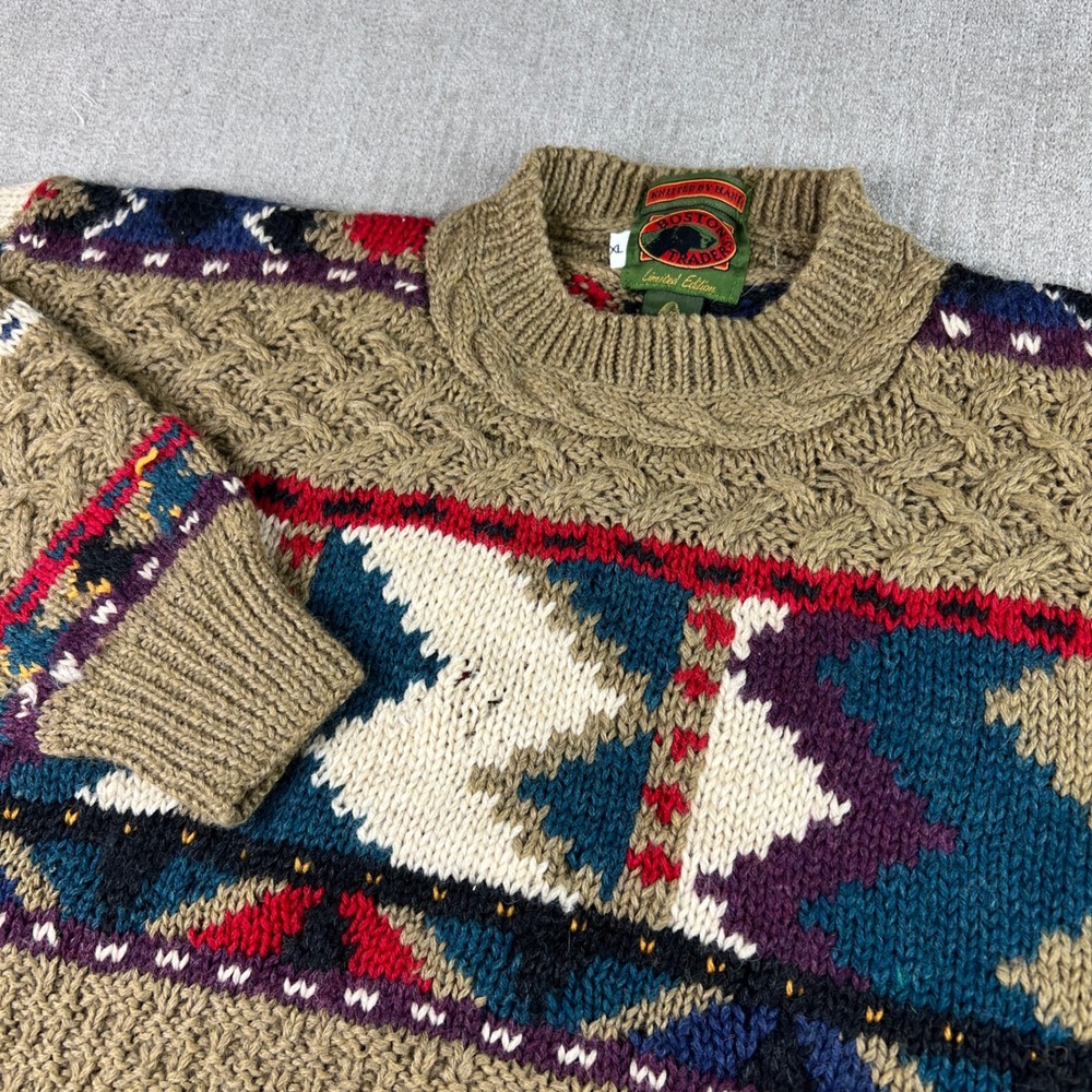 Vintage Boston Traders Sweater Mens XL Wool Hand Knit Geometric Limited Edition